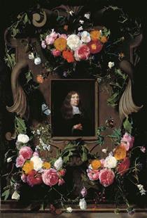 A cartouche surrounded by garlands of roses, thistle, holly and other flowers and butterflies with a later portrait of a gentleman, seated, bust-length, in a black cloak with a lace collar - Daniel Seghers