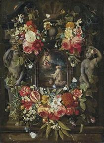 The Virgin and Child appearing before a Saint, in a sculpted cartouche, surrounded by a garland of roses, tulips, narcissi, carnations, morning glory and other flowers, with butterflies and a bee, on a ledge - Daniel Seghers