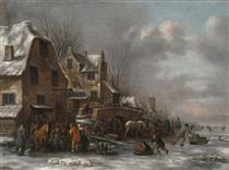 Winter landscape with ice skaters in front of a city - Klaes Molenaer
