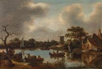 River landscape with fishing boats and windmill - Klaes Molenaer