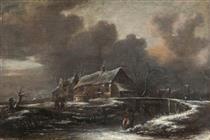 Winter landscape with ice skaters on frozen river In front of country houses woman at fountain - Klaes Molenaer