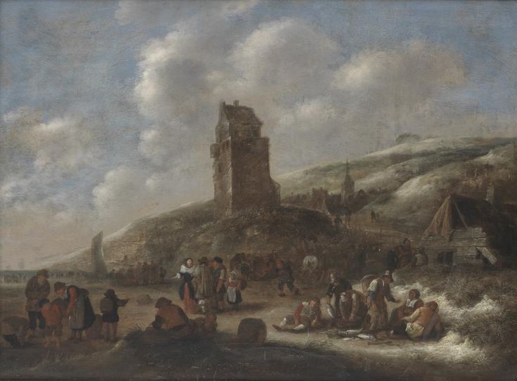 Fishermen with their catch on the beach - Klaes Molenaer