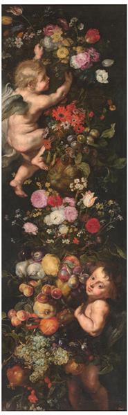 Festoon of flowers and fruits and angels, c.1620 - Pierre Paul Rubens