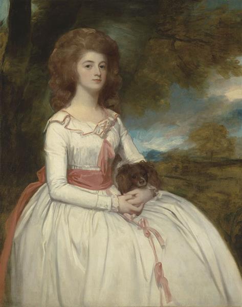 Portrait of Mrs Mary Moody (c. 1767-1820), wife of Samuel Moody, three-quarter-length, in a landscape - George Romney