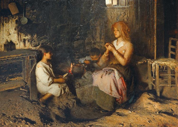 Eating near the hearth, c.1900 - Noè Bordignon