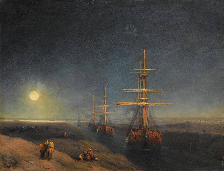 Ships Passing Through a Canal in Moonlight - Ivan Konstantinovich Aivazovskii