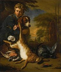 A Boy And A Dog With A Still Life Of Game, In A Park Landscape - Jan Weenix