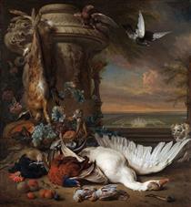 Hunting and Fruit Still Life next to a Garden Vase, with a Monkey, Dog and two Doves - Jan Weenix