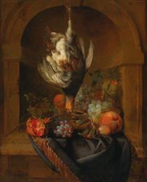 A partridge and fruit in a partially draped niche - Jan Weenix