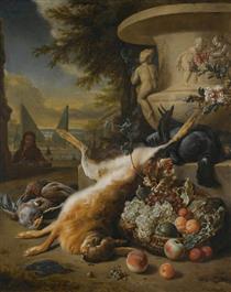 A Still Life Of Game Birds, Grouse, A Hare And A Kingfisher, With A Basket Of Fruit At The Foot Of A Stone Urn, An Ornamental Garden With A Fountain Beyond - Jan Weenix