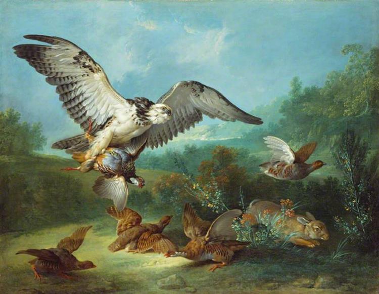 Hawk Attacking Partridges and a Rabbit - Жан-Батіст Одрі