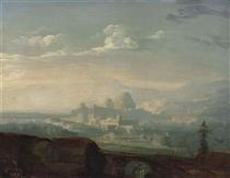 An extensive mountainous landscape with a classical city, figures on a bridge in the foreground - John Martin