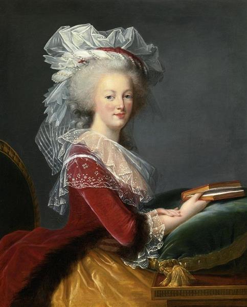 Portrait of Marie-Antoinette Queen of France in crimson dress holding a book - Louise Elisabeth Vigee Le Brun