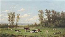 Cattle grazing in a sunlit pasture - Anthonie Jacobus van Wijngaerdt