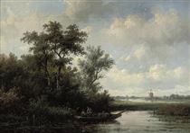 Fishing in a polder landscape - Anthonie Jacobus van Wijngaerdt