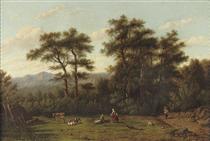 Resting in a wooded landscape - Anthonie Jacobus van Wijngaerdt