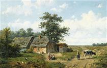 Figures outside a cottage on a sunny day - Anthonie Jacobus van Wijngaerdt