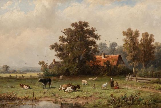 Children feeding a goat in the meadow - Anthonie Jacobus van Wijngaerdt