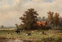 Children feeding a goat in the meadow - Anthonie Jacobus van Wijngaerdt