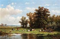 Figures and cattle in the meadow - Anthonie Jacobus van Wijngaerdt