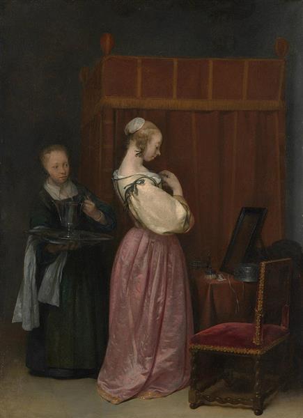 A Young Woman at Her Toilet with a Maid - Gerard ter Borch