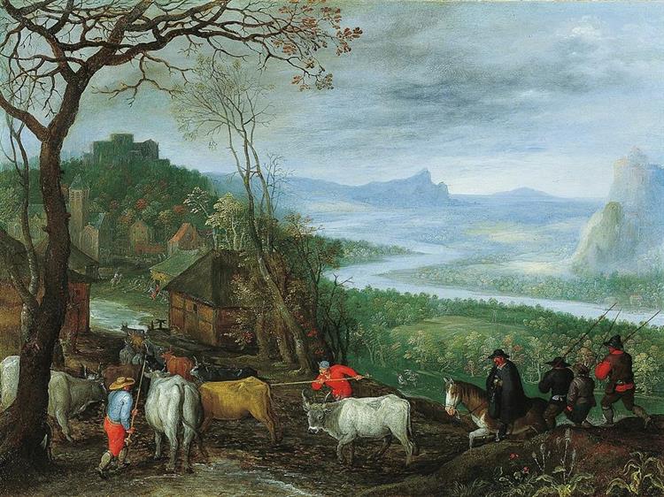 A Landscape with Herdsmen Driving Cattle to a Village - Jan Brueghel the Elder