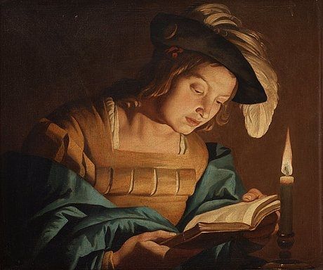 Boy reading by candlelight - Matthias Stom