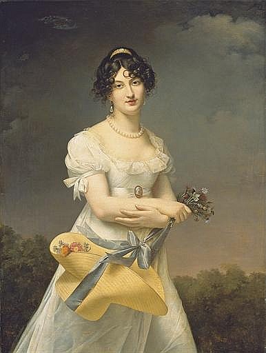 Portrait d'Amélie-Justine Laidin de la Bouterie, née Pontois, tenant un chapeau rempli de fleurs - Adèle Romany