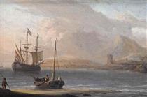 A Mediterranean coast with a Dutch three-master and a fishing boat - Aernout Smit
