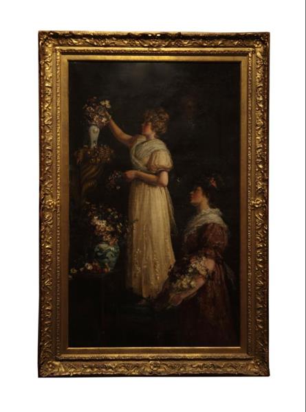 Two Pretty Women Organizing Flowers, Chinese Vase & Pretty Flowers - Charles Louis Muller