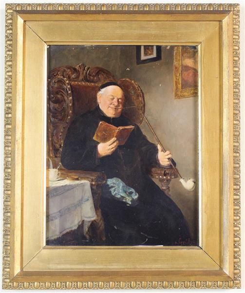 Priest reading a book and smoking a large pipe - Edward Von Grutzner