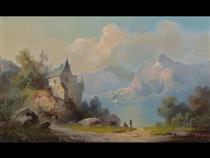Romantic landscape with ruins on the lake shore in the mountains - Guido Hampe