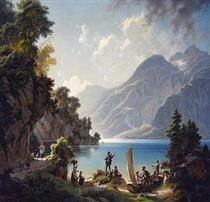 Blick auf einen Gebirgssee, im Vordergrund Figurenstaffage, von rechts zieht ein Gewitter auf - Hans Brunner