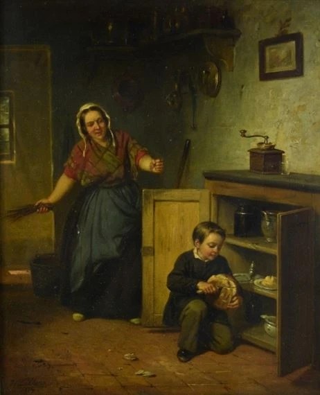 Interior scene with a young boy caught in the act of helping himself to a loaf of bread - Hendrick Joseph Dillens