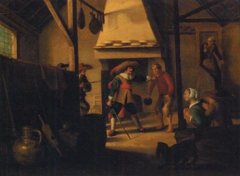 Officers threatening a peasant family in a barn - Jacob Jansz van Velsen
