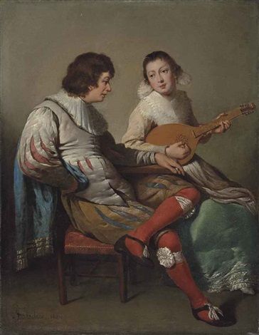 An elegant couple playing music - Jacob Jansz van Velsen