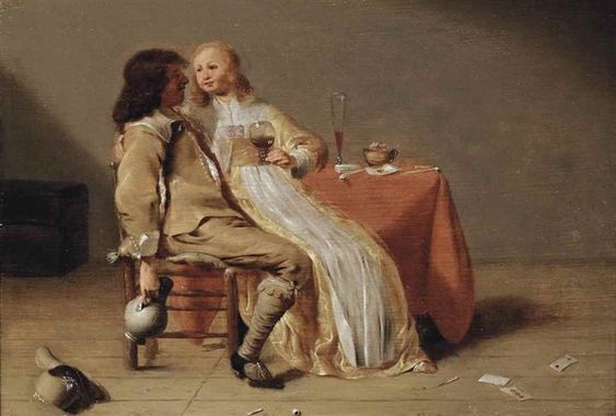 An elegant couple drinking at a table - Jacob Jansz van Velsen