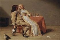 An elegant couple drinking at a table - Jacob Jansz van Velsen