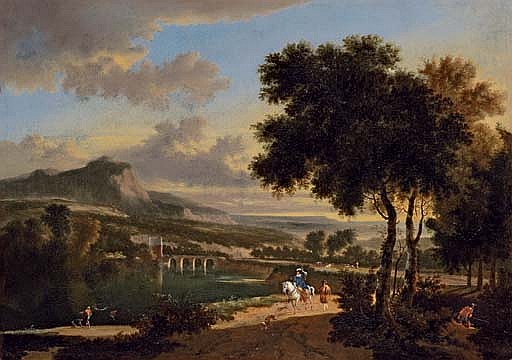 An extensive landscape with travellers, fishermen and cattle drovers on a path, a Roman bridge beyond - Jan Hackaert
