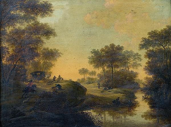 Cavaliers et carrosse le long d’une rivière Panneau de chêne, deux planches, non parqueté - Jan Hackaert