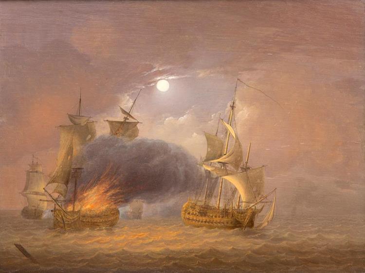 A naval battle in moonlight - Jan van Os