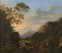 Berger et son troupeau dans un paysage de montagne - Johann Heinrich Roos