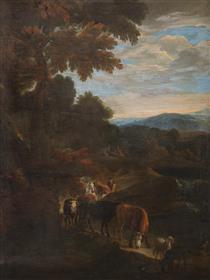 LANDSCAPE WITH SHEPHERD AND CATTLE - Johann Heinrich Roos