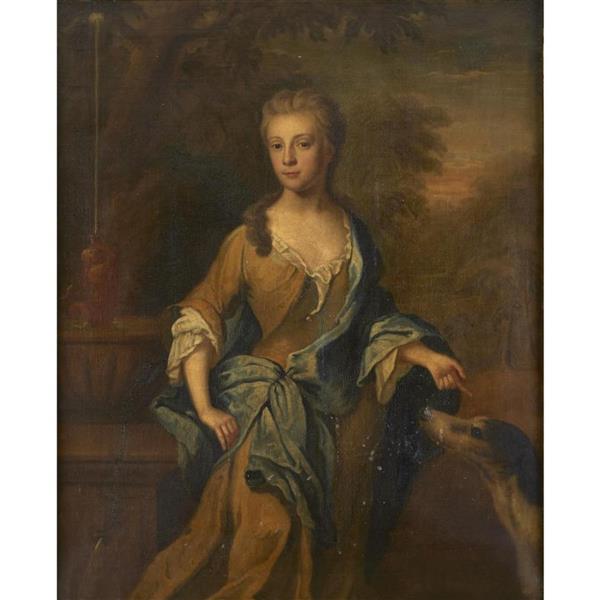 PORTRAIT OF A LADY, THREE-QUARTER LENGTH, SAID TO BE ELIZABETH D'AVENANT, DAUGHTER OF THOMAS BOOTHBY, ESQR., WITH HER DOG - Jonathan Richardson