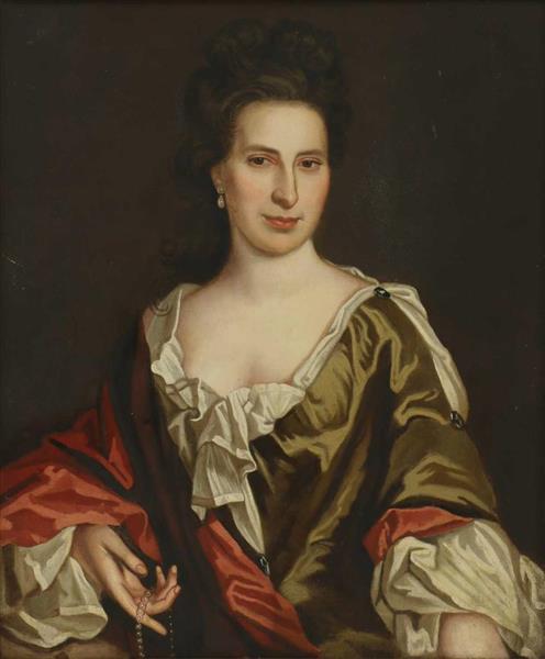 Portrait of a lady, head and shoulders, believed to be one of the Villiers sisters, in a green dress, red cloak and maroon sash, wearing pearl earrings and holding a pearl necklace - Jonathan Richardson