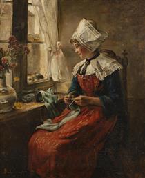 Young girl sewing near a window - Joseph Bail