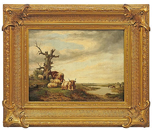 Landschaft mit rastenden Kühen und Schafen an einem alten Eichenstamm - Karl Heinrich Jaeckel