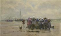 Cloudy seascape of people gathering along the shore with baskets of fish in their hands and on the ground - Melbourne Havelock Hardwick