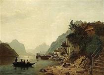 A view of a lake in a mountainous landscape with numerous figures on shore and figures in a boat in the foreground - Niels Bjornson Moller