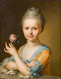 Portrait of a young girl, half-length, in a gold dress with blue trim and a lace cuffs, holding a rose - Ulrika Pasch